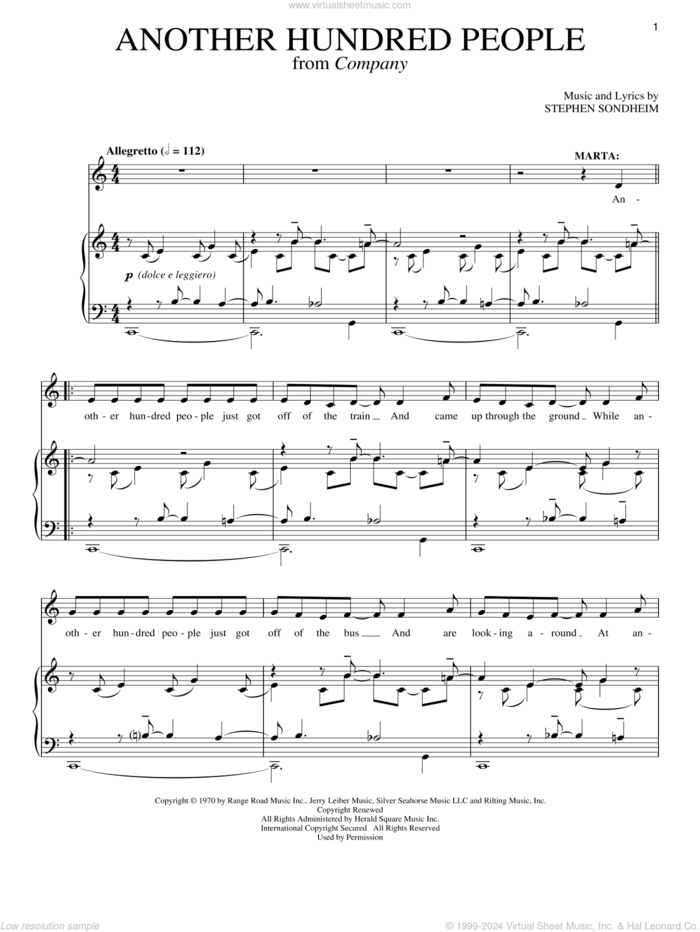 Another Hundred People sheet music for voice, piano or guitar by Stephen Sondheim and Company (Musical), intermediate skill level