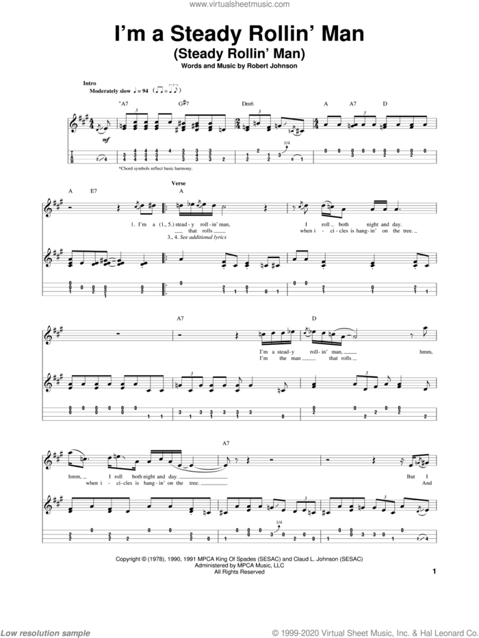 I'm A Steady Rollin' Man (Steady Rollin' Man) sheet music for ukulele by Robert Johnson and Eric Clapton, intermediate skill level