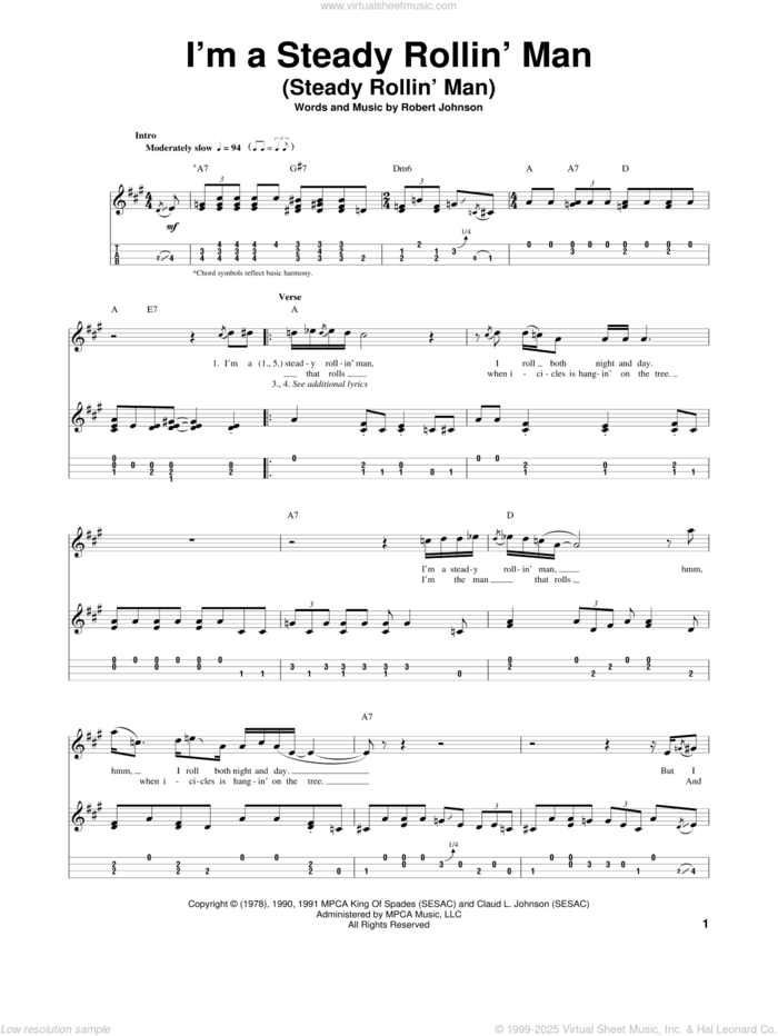 I'm A Steady Rollin' Man (Steady Rollin' Man) sheet music for ukulele by Robert Johnson and Eric Clapton, intermediate skill level