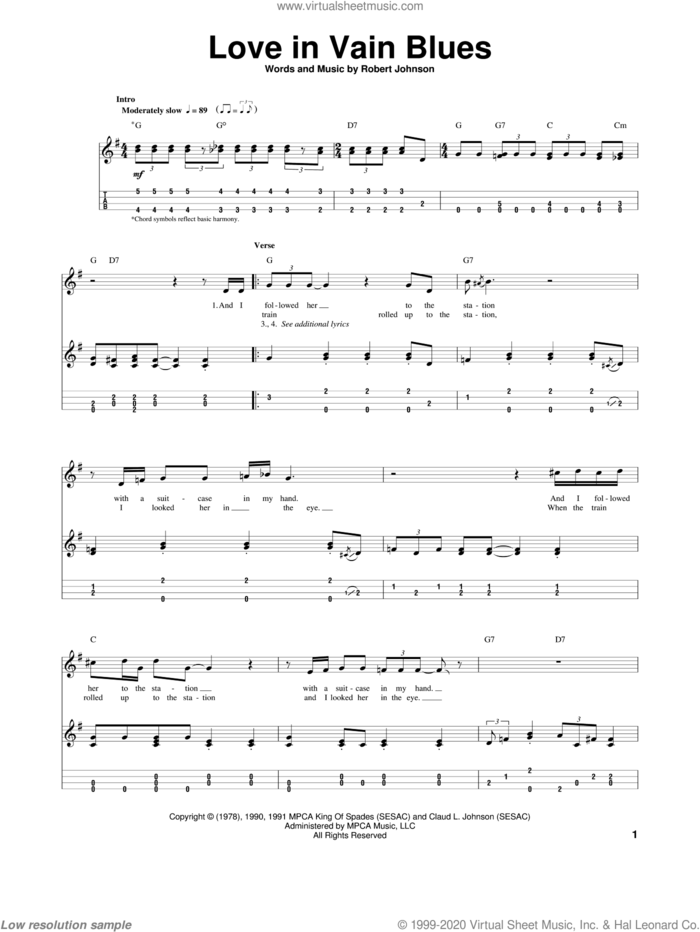 Love In Vain Blues sheet music for ukulele by Robert Johnson, intermediate skill level