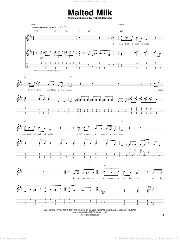 Malted Milk sheet music for ukulele by Robert Johnson and Eric Clapton, intermediate skill level