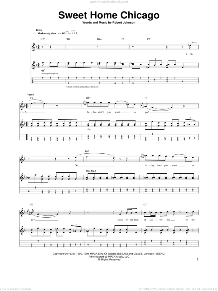 Sweet Home Chicago sheet music for ukulele by Robert Johnson, intermediate skill level