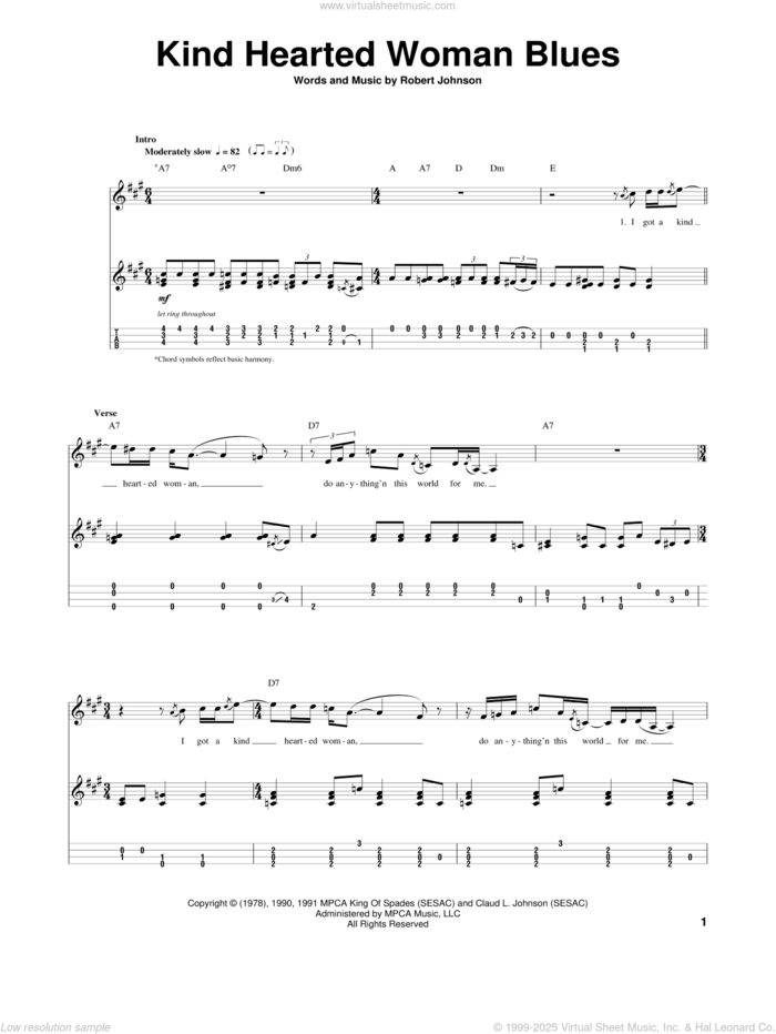 Kind Hearted Woman Blues sheet music for ukulele by Robert Johnson and Eric Clapton, intermediate skill level