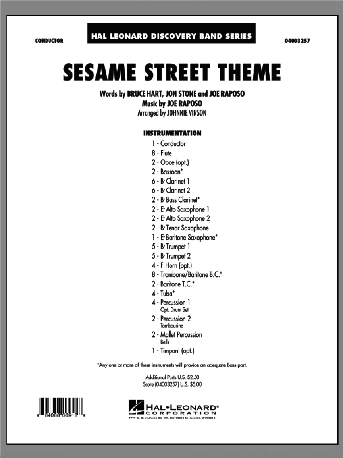 Sesame Street Theme (COMPLETE) sheet music for concert band by Johnnie Vinson, Bruce Hart, Joe Raposo and Jon Stone, intermediate skill level