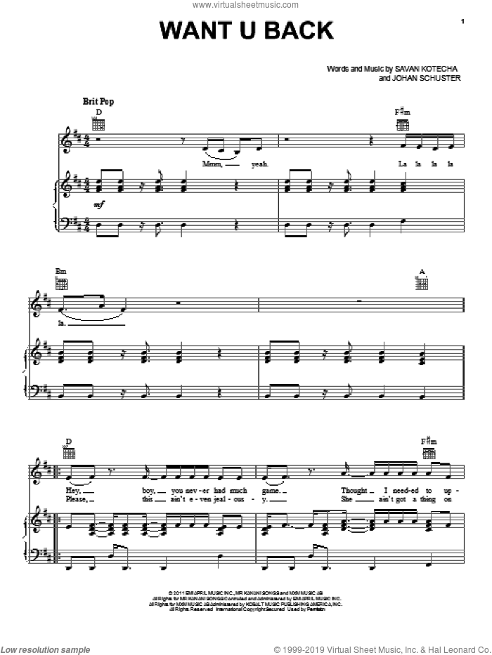Want U Back sheet music for voice, piano or guitar by Cher Lloyd, Johan Schuster and Savan Kotecha, intermediate skill level