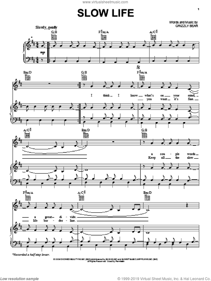 Slow Life sheet music for voice, piano or guitar by Grizzly Bear, intermediate skill level