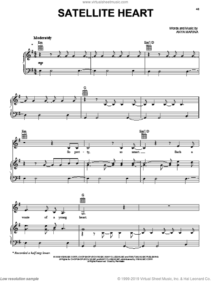 Satellite Heart sheet music for voice, piano or guitar by Anya Marina and Twilight: New Moon (Movie), intermediate skill level