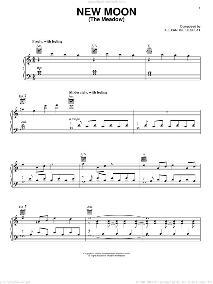 New Moon (The Meadow) sheet music for voice, piano or guitar by Alexandre Desplat, intermediate skill level