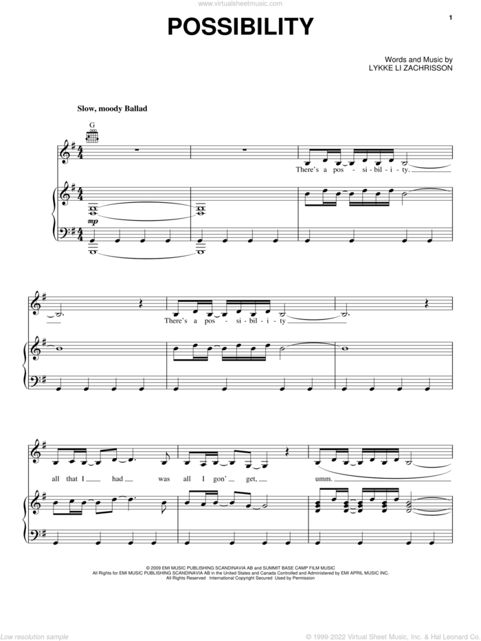 Possibility sheet music for voice, piano or guitar by Lykke Li and Lykke Li Zachrisson, intermediate skill level