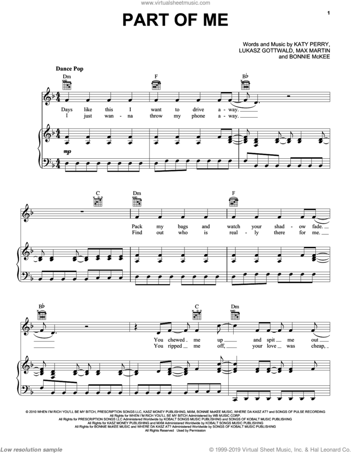 Part Of Me sheet music for voice, piano or guitar by Katy Perry, Bonnie McKee, Lukasz Gottwald and Max Martin, intermediate skill level