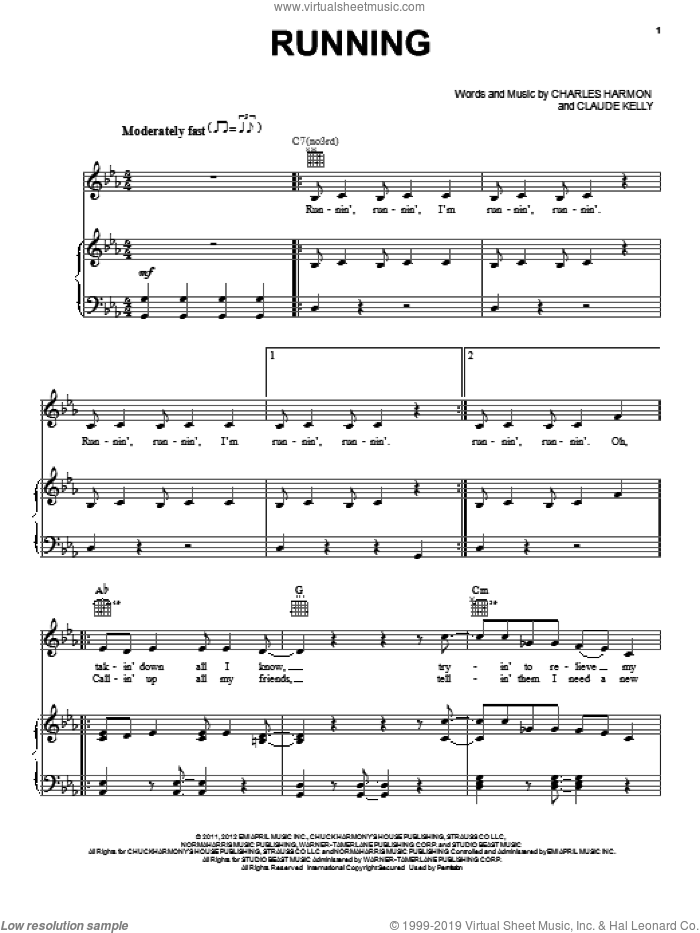 Running (from Sparkle) sheet music for voice, piano or guitar by Claude Kelly, Cee Lo Green, Charles Harmon, Goapele, Jordin Sparks, Sparkle (Movie) and Whitney Houston, intermediate skill level