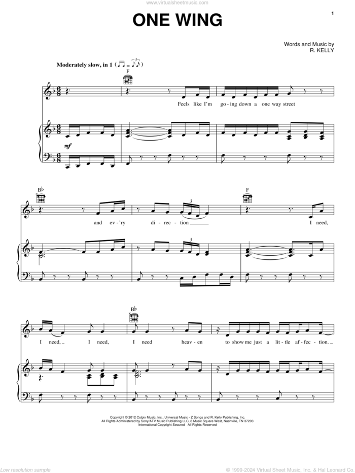 One Wing sheet music for voice, piano or guitar by Whitney Houston, Cee Lo Green, Jordin Sparks, Robert Kelly and Sparkle (Movie), intermediate skill level