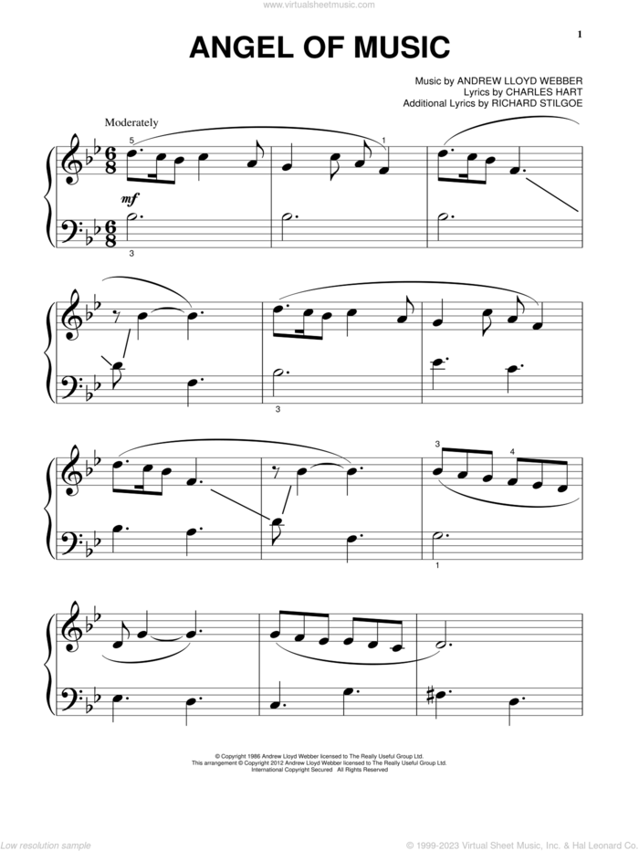Angel Of Music (from The Phantom Of The Opera) sheet music for piano solo by Andrew Lloyd Webber, Charles Hart and Richard Stilgoe, beginner skill level