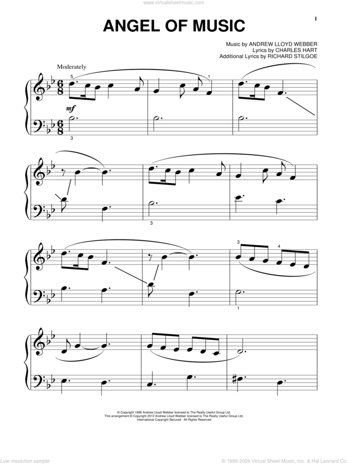 Angel Of Music (from The Phantom Of The Opera) sheet music for piano solo by Andrew Lloyd Webber, Charles Hart and Richard Stilgoe, beginner skill level