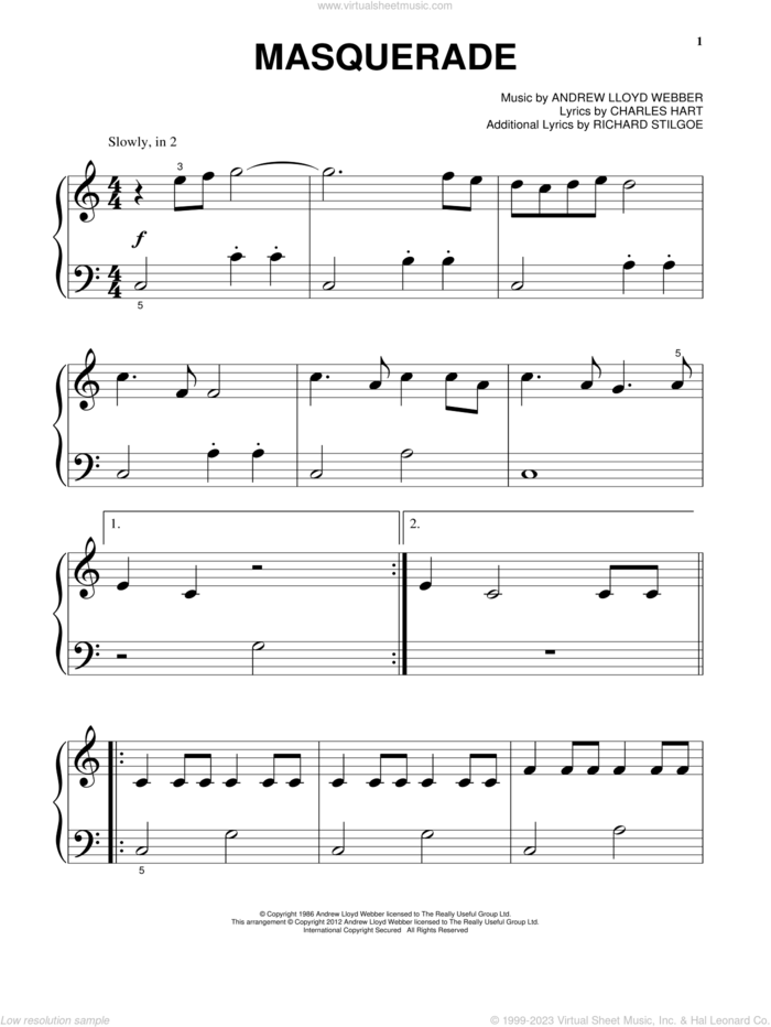 Masquerade (from The Phantom Of The Opera) sheet music for piano solo by Andrew Lloyd Webber, Charles Hart and Richard Stilgoe, beginner skill level