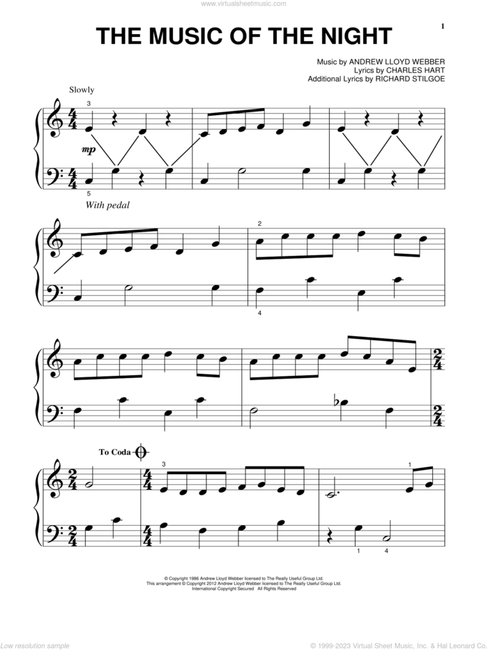 The Music Of The Night (from The Phantom Of The Opera), (beginner) (from The Phantom Of The Opera) sheet music for piano solo by Andrew Lloyd Webber, Charles Hart, David Cook and Richard Stilgoe, beginner skill level