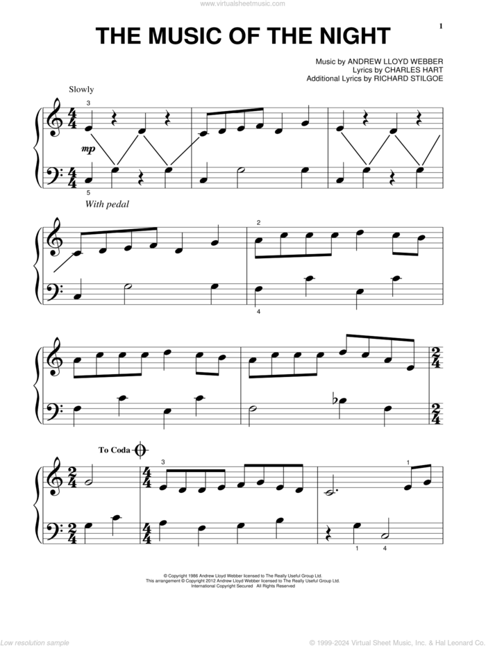 The Music Of The Night (from The Phantom Of The Opera), (beginner) (from The Phantom Of The Opera) sheet music for piano solo by Andrew Lloyd Webber, Charles Hart, David Cook and Richard Stilgoe, beginner skill level