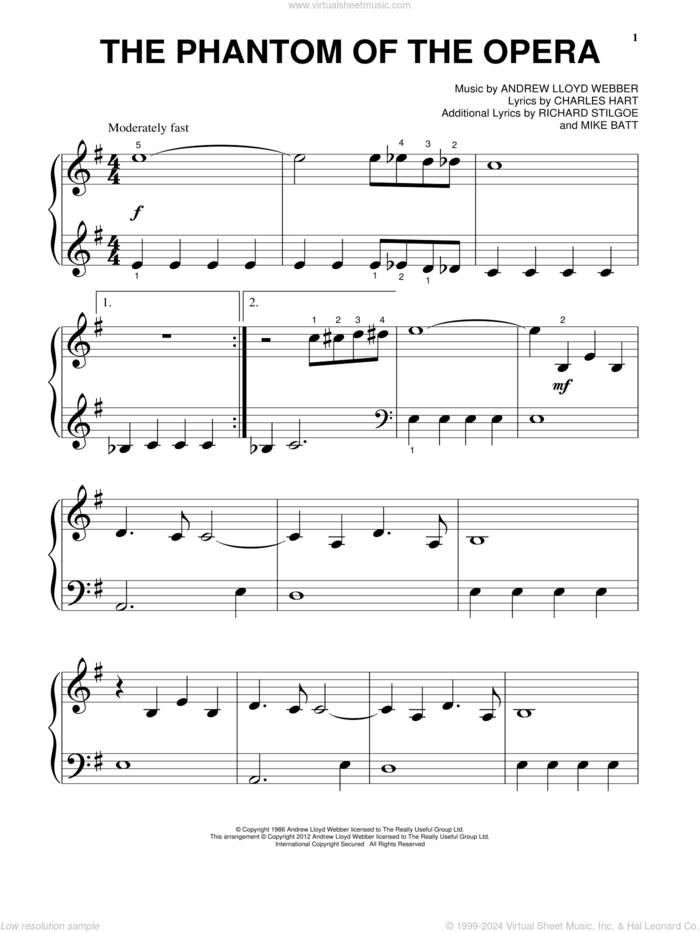 The Phantom Of The Opera, (beginner) sheet music for piano solo by Andrew Lloyd Webber, Charles Hart, Mike Batt and Richard Stilgoe, beginner skill level