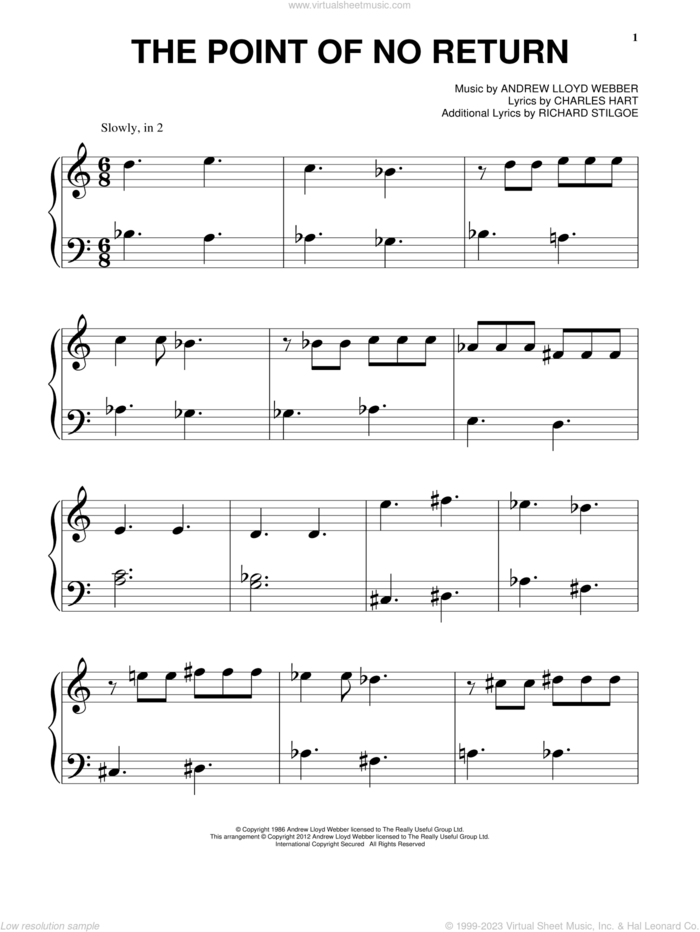 The Point Of No Return (from The Phantom Of The Opera) sheet music for piano solo by Andrew Lloyd Webber, Charles Hart and Richard Stilgoe, beginner skill level