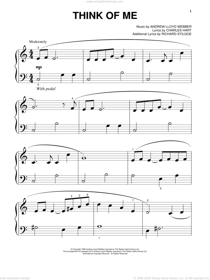Think Of Me (from The Phantom Of The Opera) sheet music for piano solo by Andrew Lloyd Webber, Charles Hart and Richard Stilgoe, beginner skill level