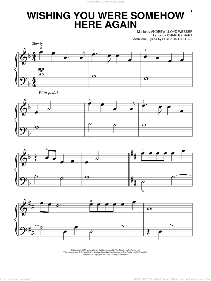 Wishing You Were Somehow Here Again (from The Phantom Of The Opera), (beginner) sheet music for piano solo by Andrew Lloyd Webber, Charles Hart and Richard Stilgoe, beginner skill level