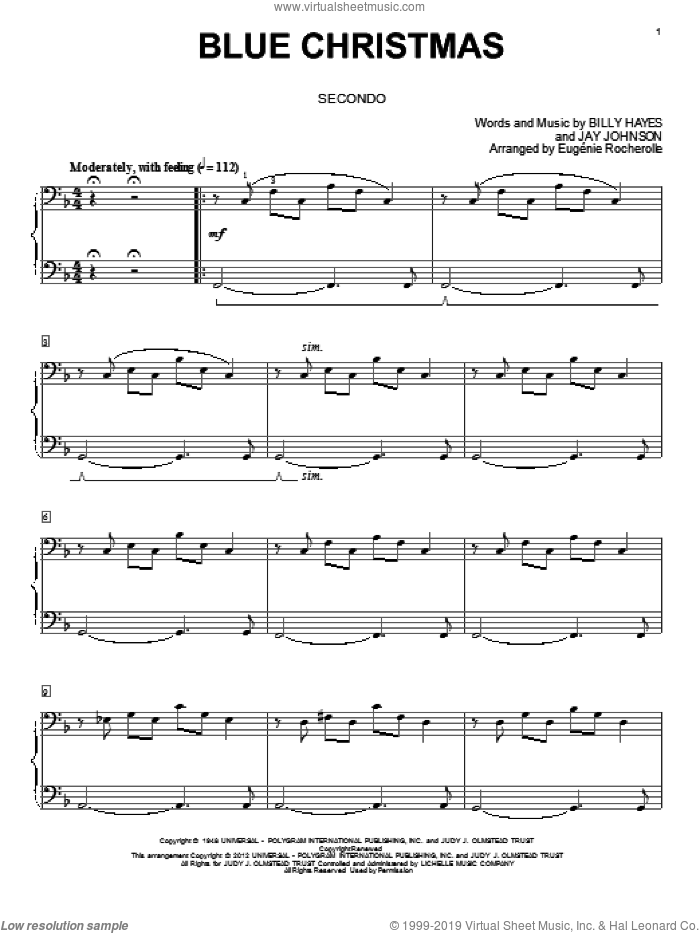 Blue Christmas sheet music for piano four hands by Elvis Presley, intermediate skill level