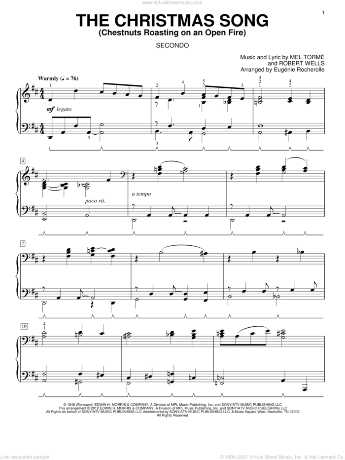 The Christmas Song (Chestnuts Roasting On An Open Fire) sheet music for piano four hands by Eugenie Rocherolle, intermediate skill level
