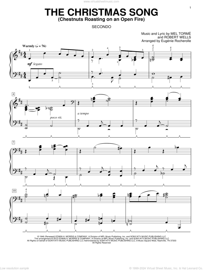 The Christmas Song (Chestnuts Roasting On An Open Fire) sheet music for piano four hands by Eugenie Rocherolle, intermediate skill level