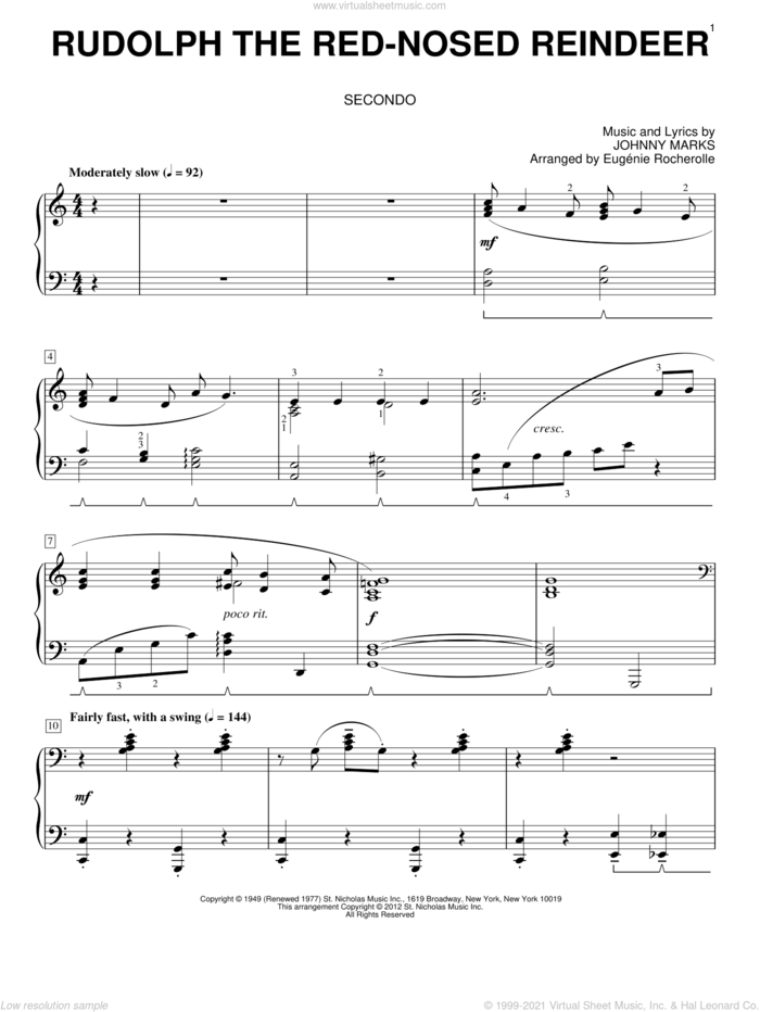 Rudolph The Red-Nosed Reindeer (arr. Eugenie Rocherolle) sheet music for piano four hands by Johnny Marks, Eugenie Rocherolle, John Denver and Robert May, intermediate skill level