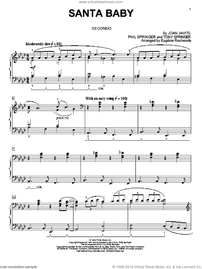 Santa Baby sheet music for piano four hands by Eugenie Rocherolle, intermediate skill level