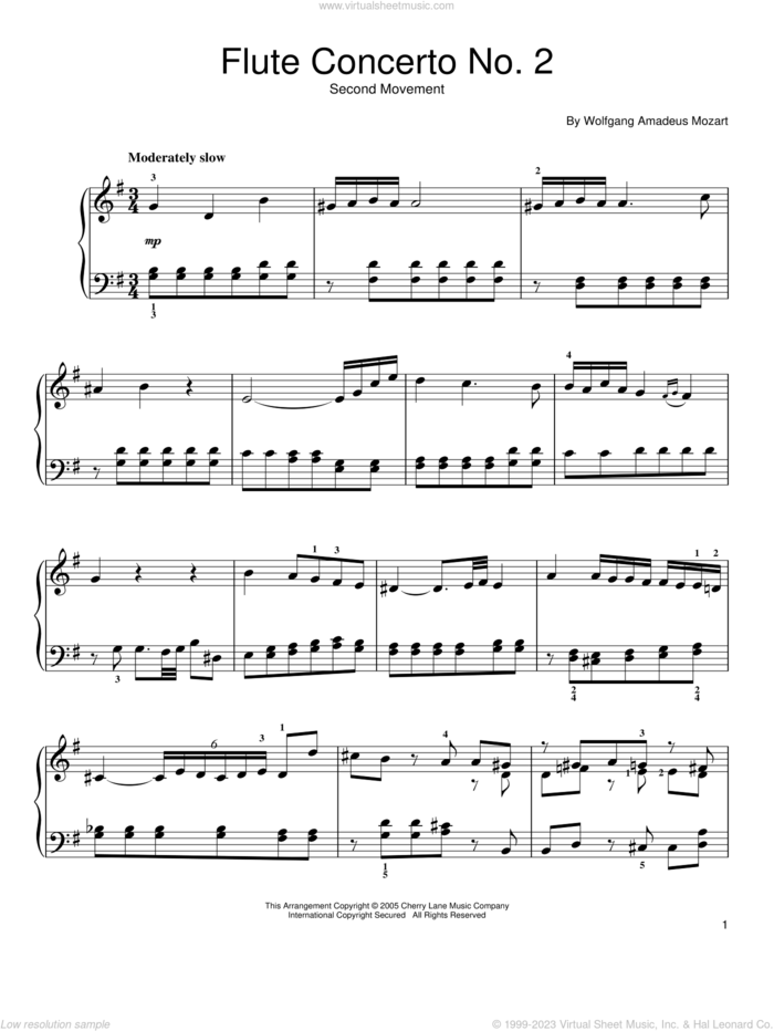Flute Concerto No. 2 (Second Movement) sheet music for piano solo by Wolfgang Amadeus Mozart, classical score, easy skill level