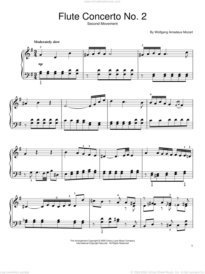 Flute Concerto No. 2 (Second Movement) sheet music for piano solo by Wolfgang Amadeus Mozart, classical score, easy skill level