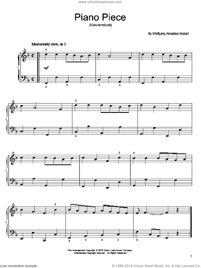Piano Piece (Klavierstuck) sheet music for piano solo by Wolfgang Amadeus Mozart, classical score, easy skill level