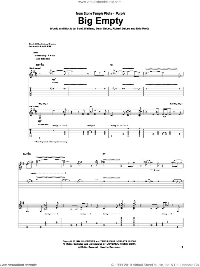 Big Empty sheet music for guitar (tablature) by Stone Temple Pilots, Dean DeLeo, Eric Kretz, Robert DeLeo and Scott Weiland, intermediate skill level