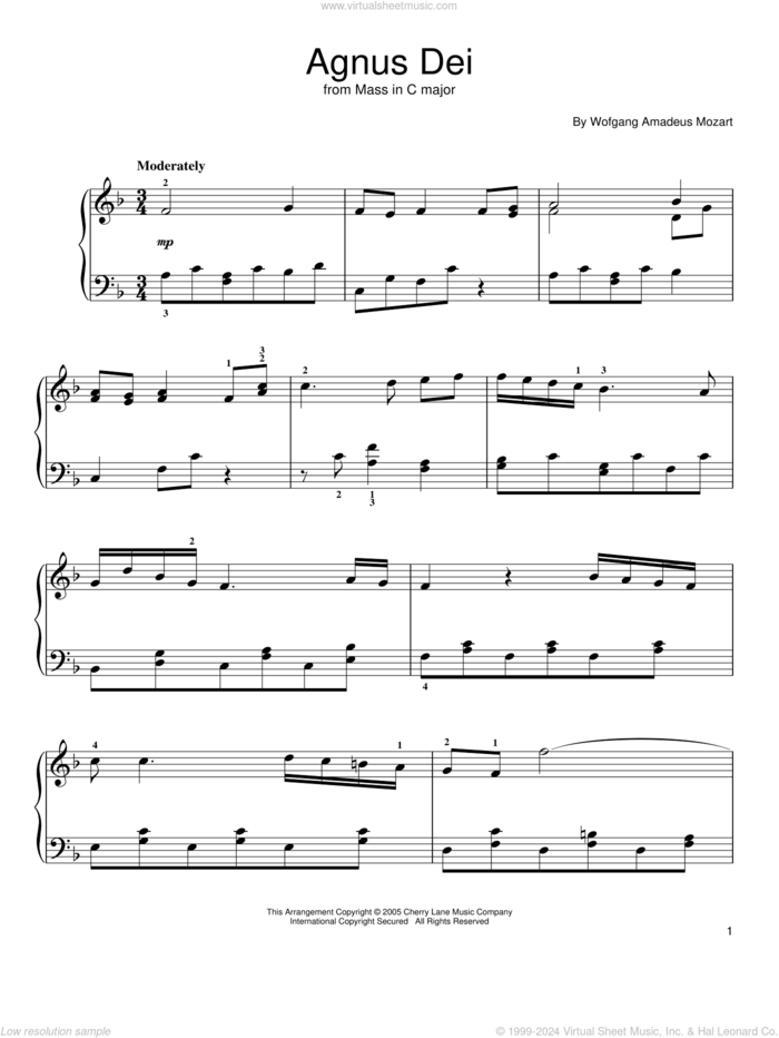 Agnus Dei, Excerpt, (easy) sheet music for piano solo by Wolfgang Amadeus Mozart, classical score, easy skill level