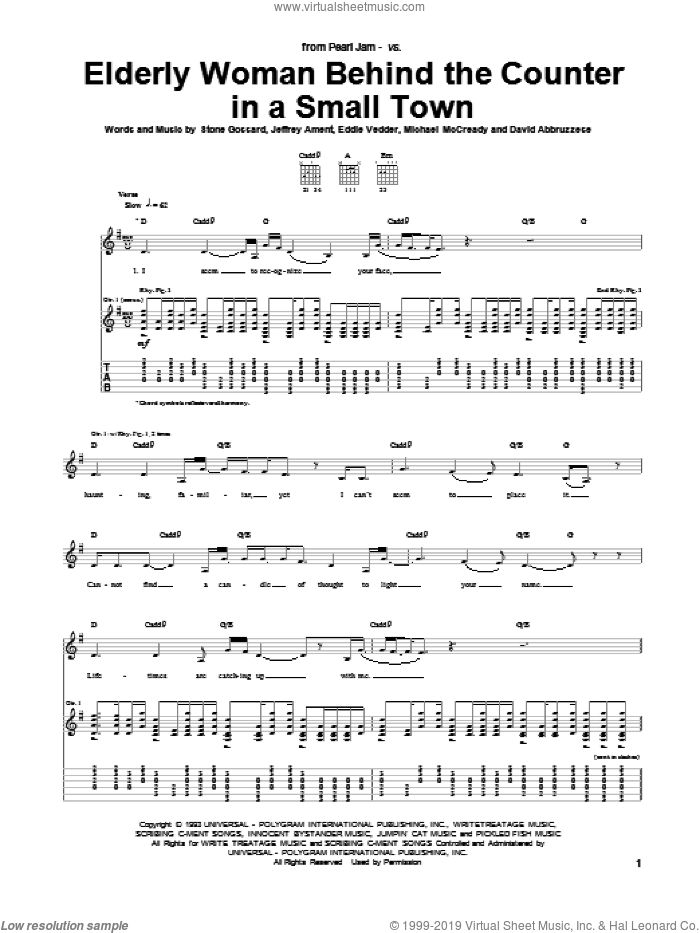 Elderly Woman Behind The Counter In A Small Town sheet music for guitar (tablature) by Pearl Jam, David Abbruzzese, Eddie Vedder, Jeffrey Ament, Michael McCready and Stone Gossard, intermediate skill level