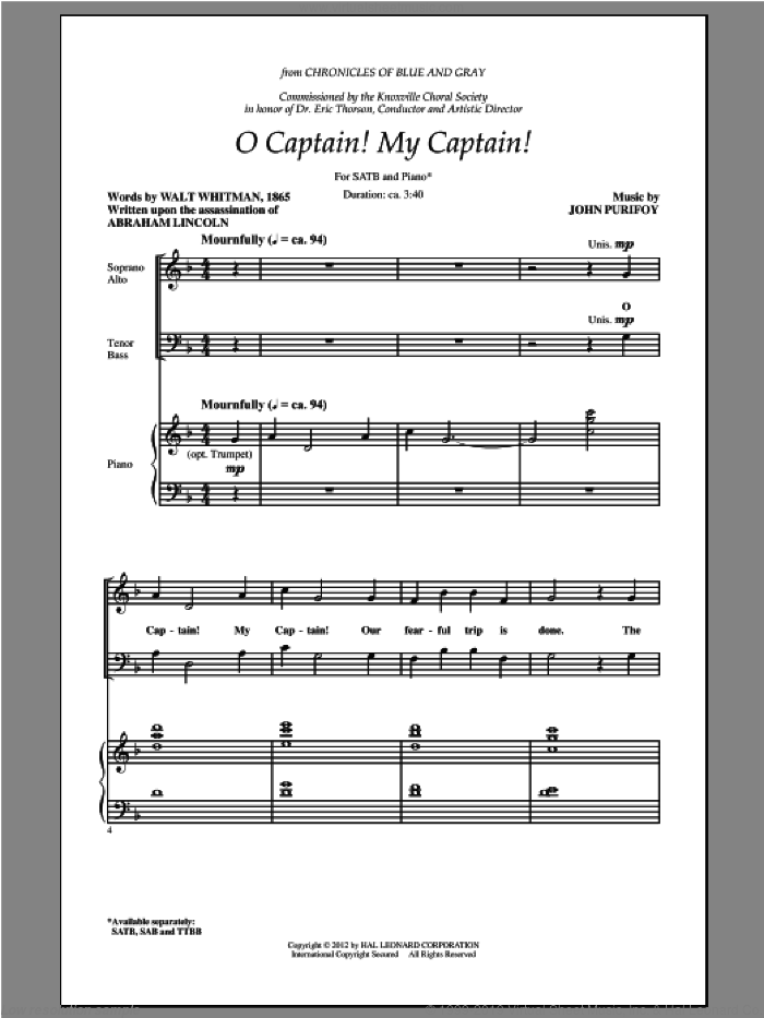 O Captain! My Captain! sheet music for choir (SATB: soprano, alto, tenor, bass) by John Purifoy and Walt Whitman, intermediate skill level