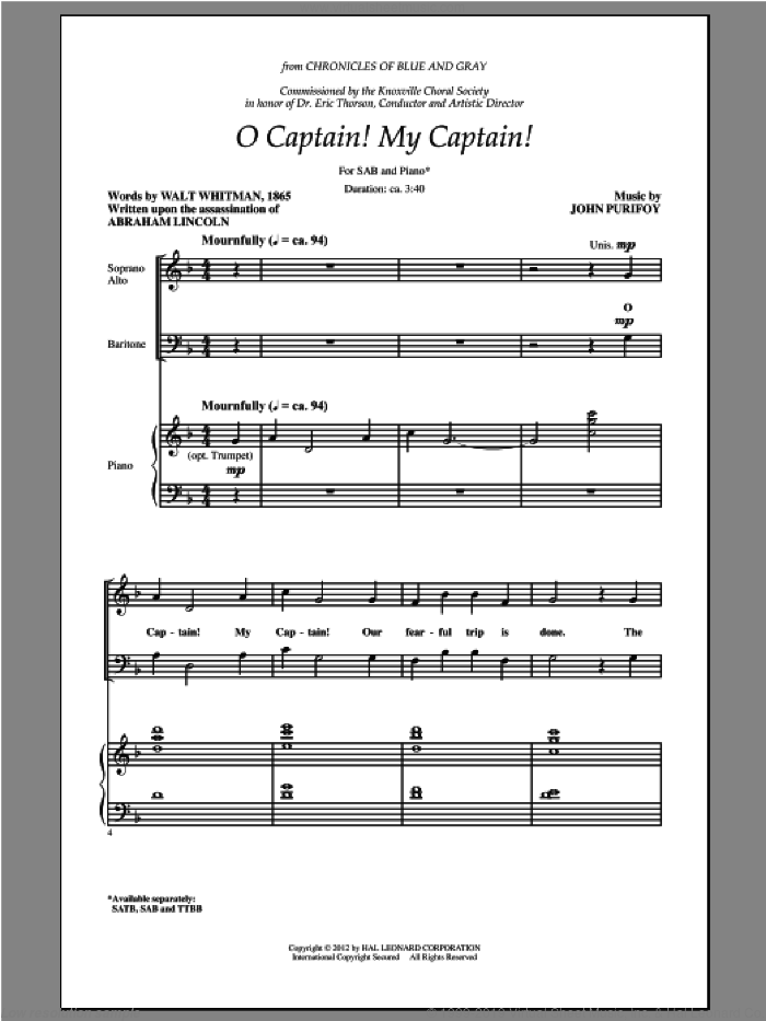 O Captain! My Captain! sheet music for choir (SAB: soprano, alto, bass) by John Purifoy and Walt Whitman, intermediate skill level