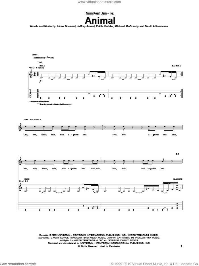 Animal sheet music for guitar (tablature) by Pearl Jam, David Abbruzzese, Eddie Vedder, Jeffrey Ament, Michael McCready and Stone Gossard, intermediate skill level