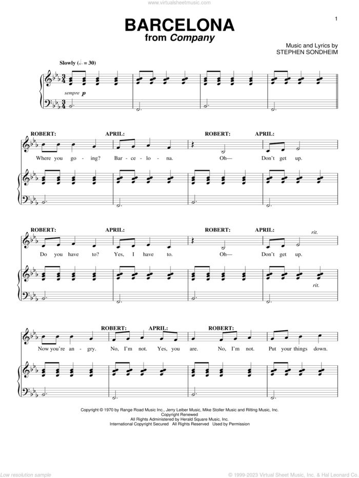 Barcelona sheet music for voice and piano by Stephen Sondheim and Company (Musical), intermediate skill level