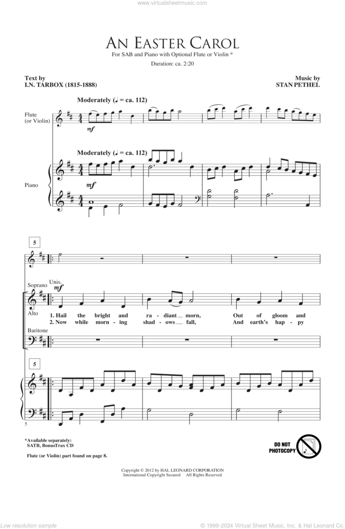 An Easter Carol sheet music for choir (SAB: soprano, alto, bass) by Stan Pethel and I.N. Tarbox, intermediate skill level