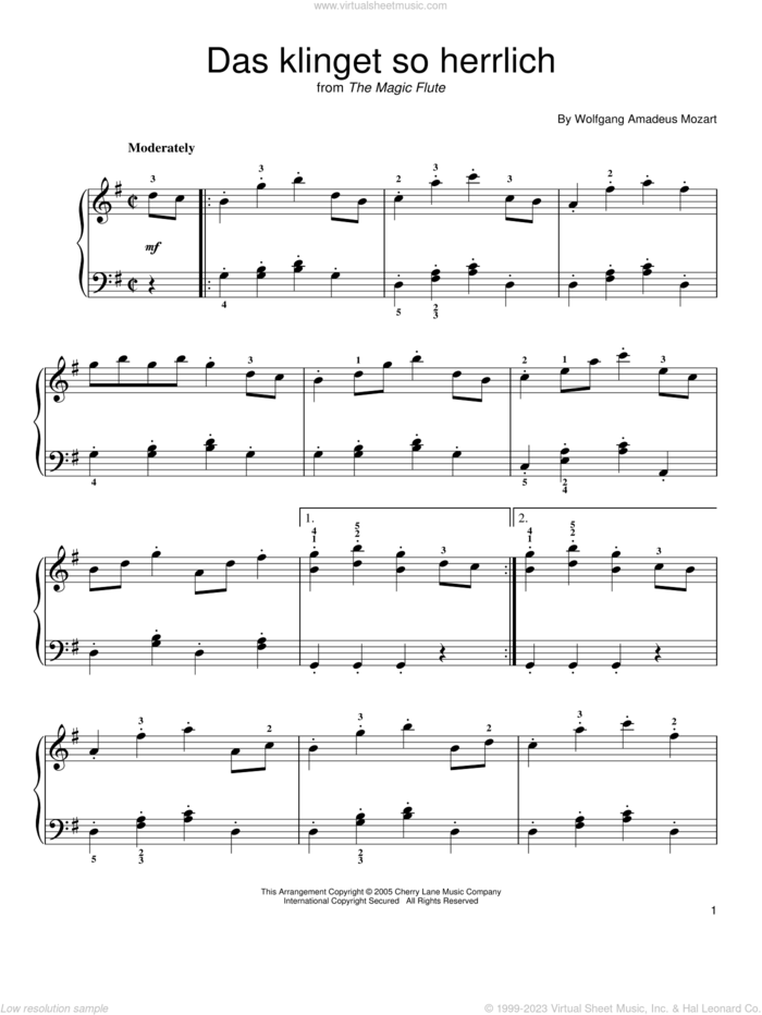 Das Klinget So Herrlich sheet music for piano solo by Wolfgang Amadeus Mozart, classical score, easy skill level