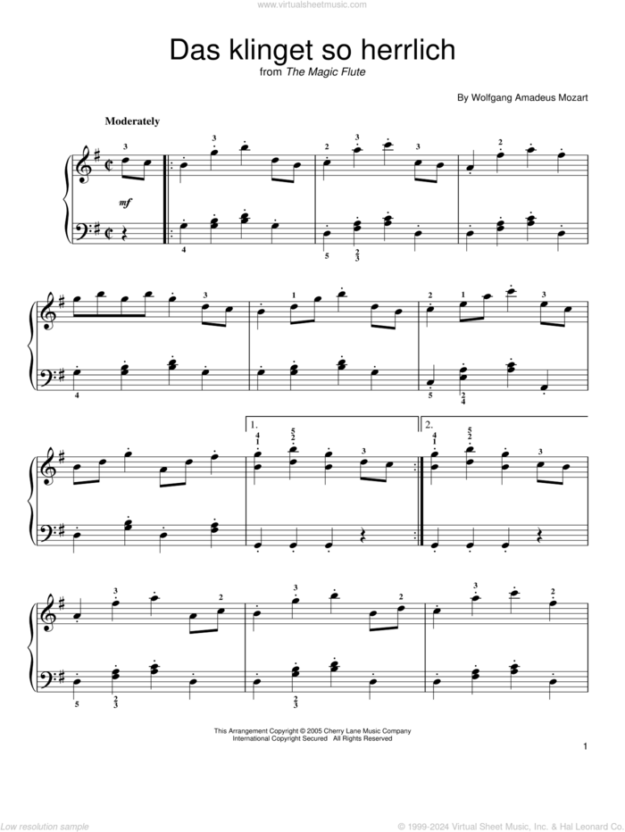 Das Klinget So Herrlich sheet music for piano solo by Wolfgang Amadeus Mozart, classical score, easy skill level