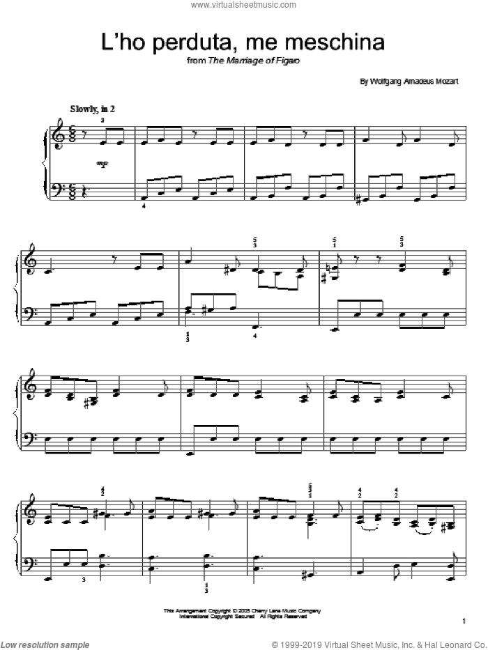 L'Ho Perduta, Me Meschina sheet music for piano solo by Wolfgang Amadeus Mozart, classical score, easy skill level