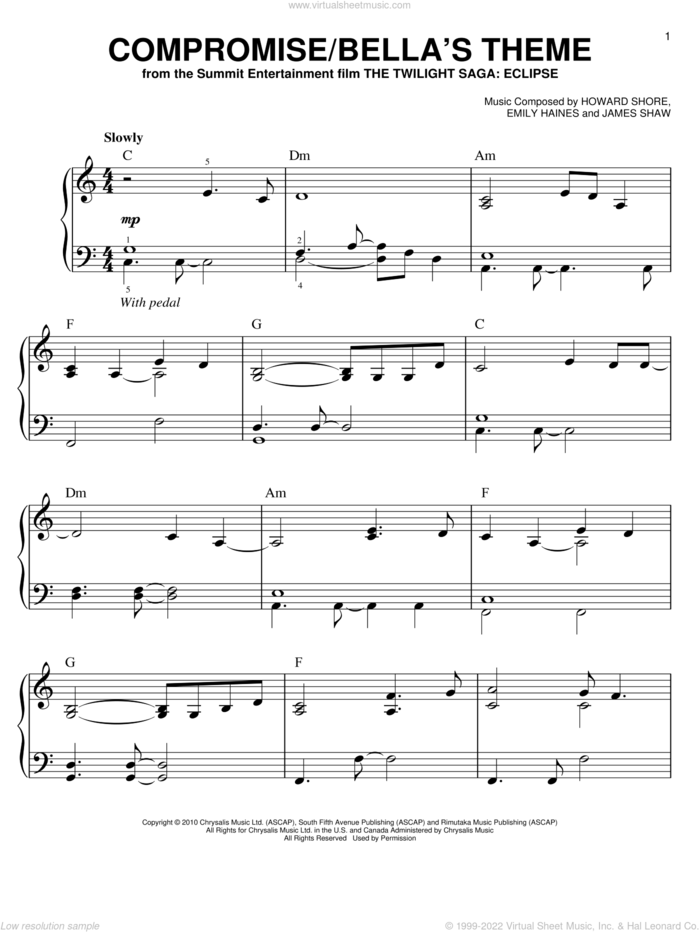 Compromise/Bella's Theme sheet music for piano solo by Howard Shore, Emily Haines, James Shaw and Twilight: Eclipse (Movie), easy skill level