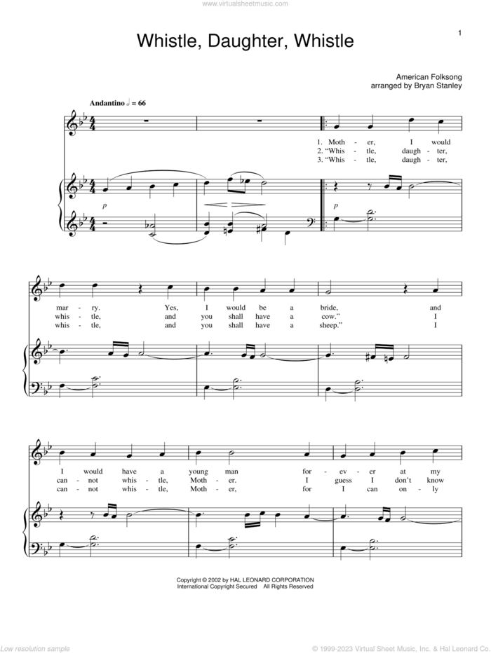 Whistle, Daughter, Whistle sheet music for voice and piano, intermediate skill level