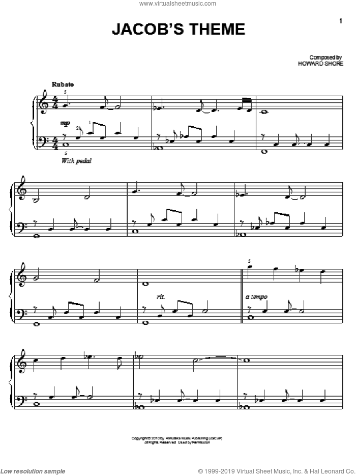 Jacob's Theme sheet music for piano solo by Howard Shore and Twilight: Eclipse (Movie), easy skill level