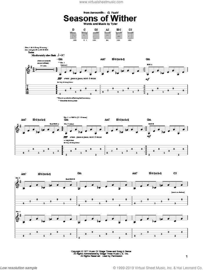 Seasons Of Wither sheet music for guitar (tablature) by Aerosmith and Steven Tyler, intermediate skill level