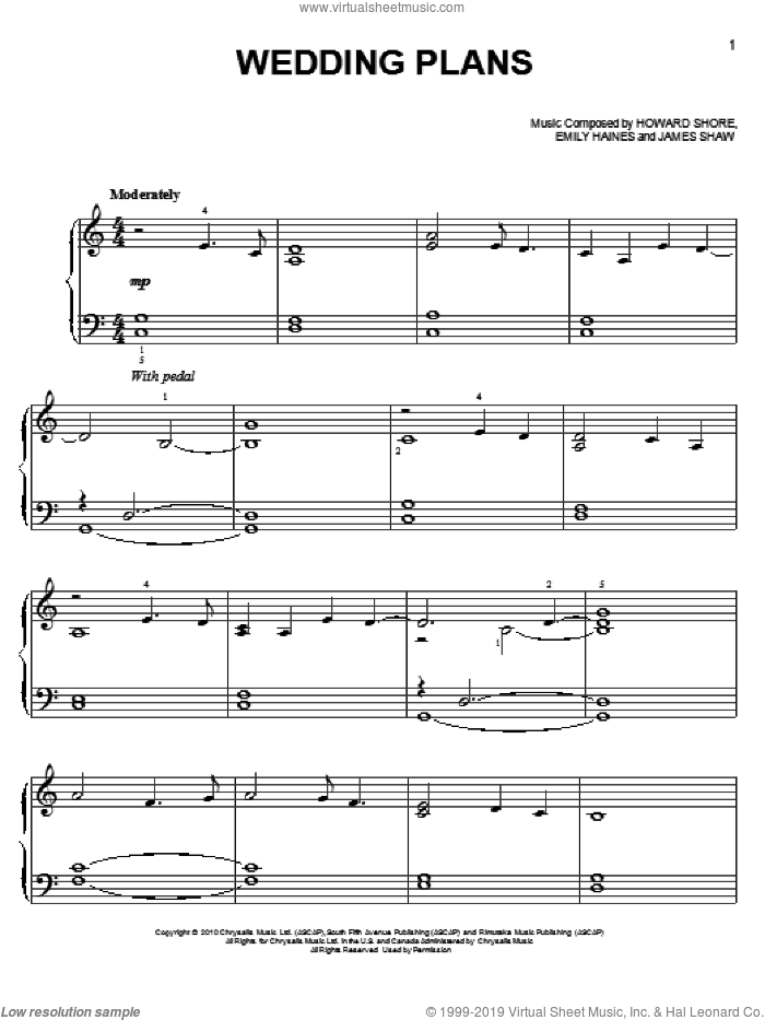 Wedding Plans sheet music for piano solo by Howard Shore, Emily Haines and James Shaw, easy skill level