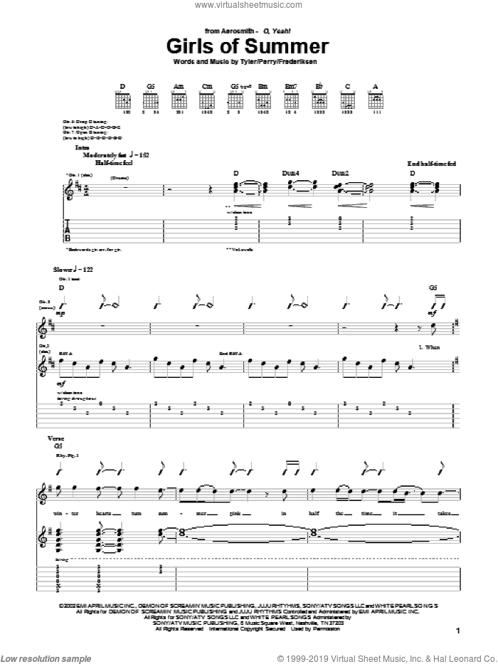 Girls Of Summer sheet music for guitar (tablature) by Aerosmith, Joe Perry, Marti Frederiksen and Steven Tyler, intermediate skill level